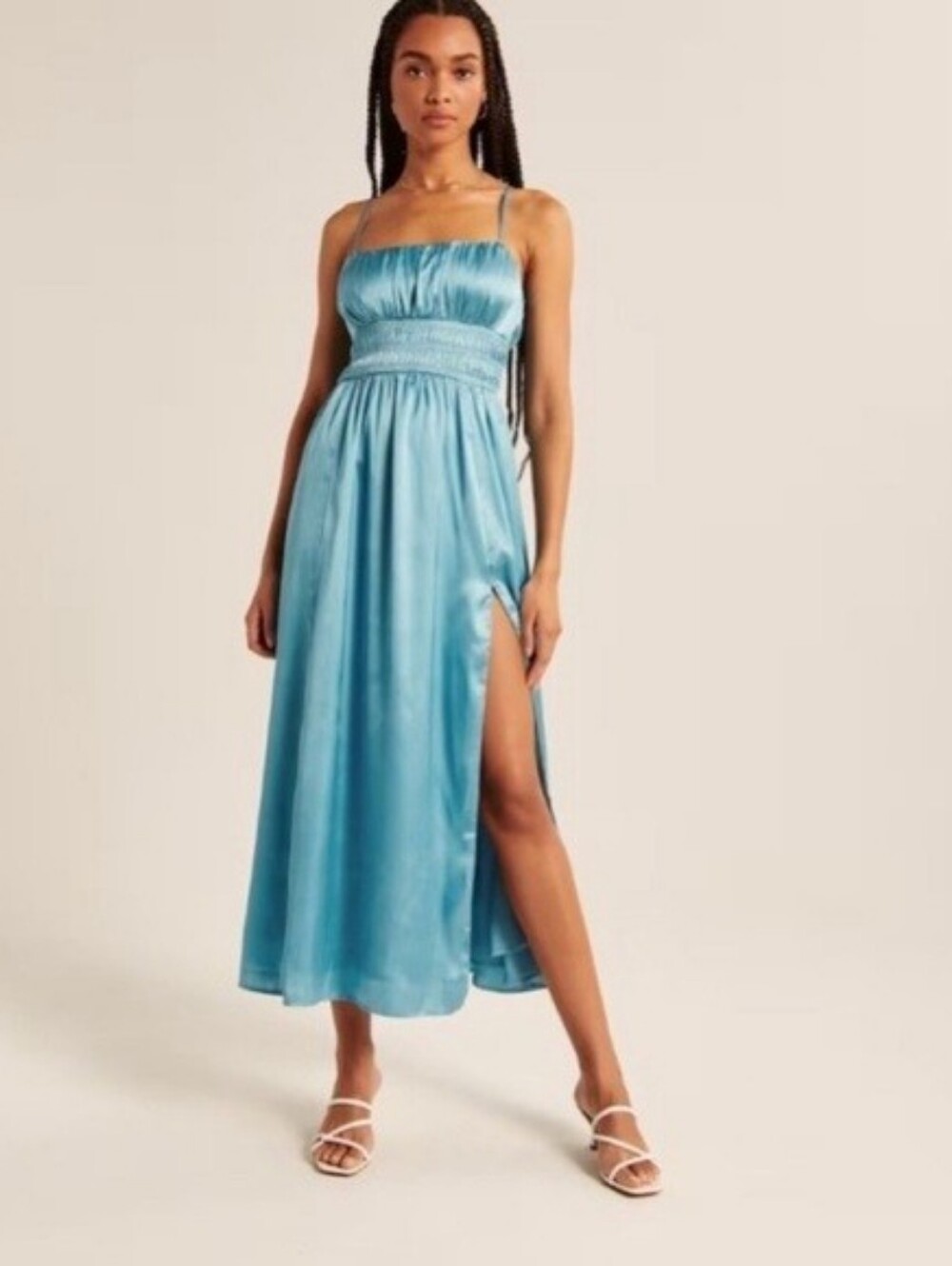 Abercrombie & Fitch Blue Satin Ruched Formal Cocktail Slit Midi Dress Size Small